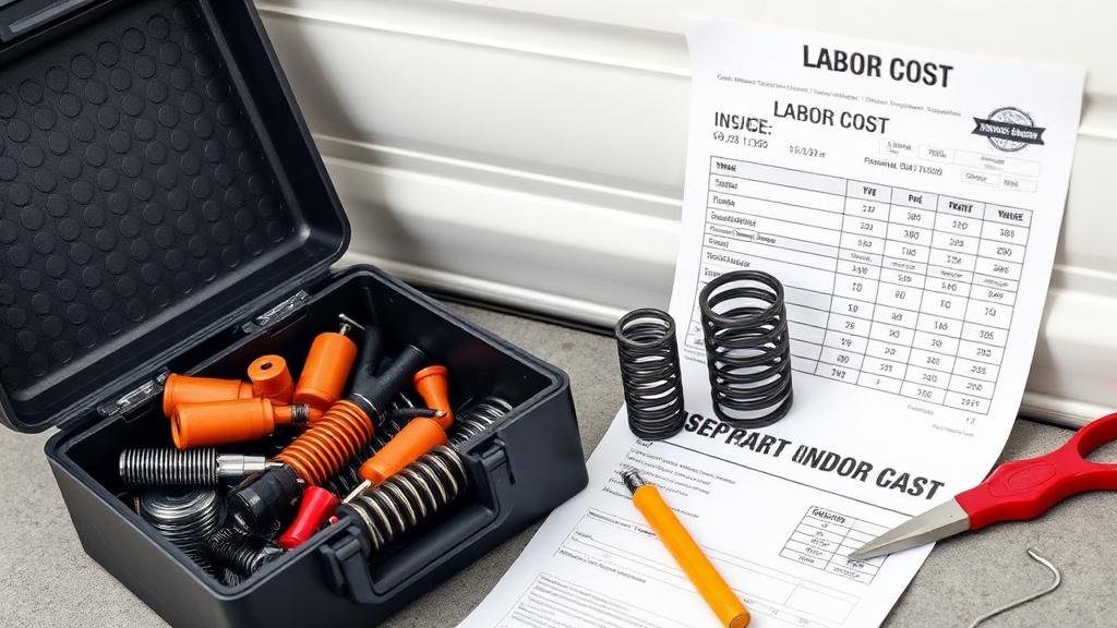 Garage door repair parts and technician tools showing labor and parts cost components