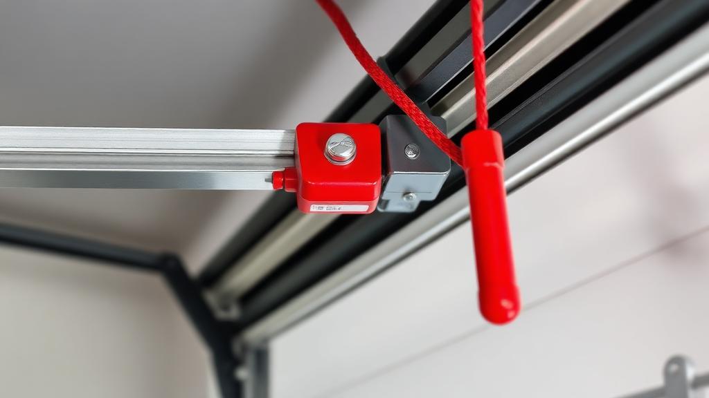 Close-up of garage door emergency manual release cord and mechanism for safety