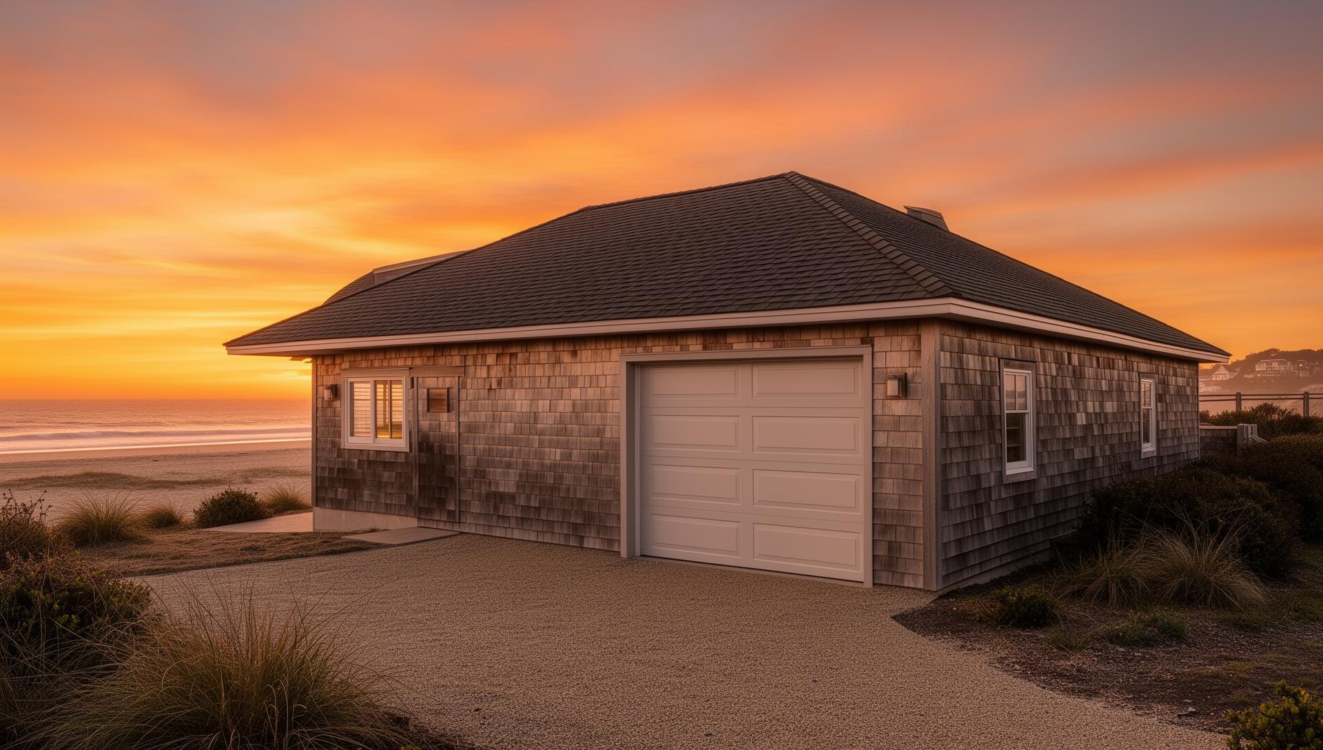 Beautiful ranch style garage door installation at sunset in Rural Hall NC
