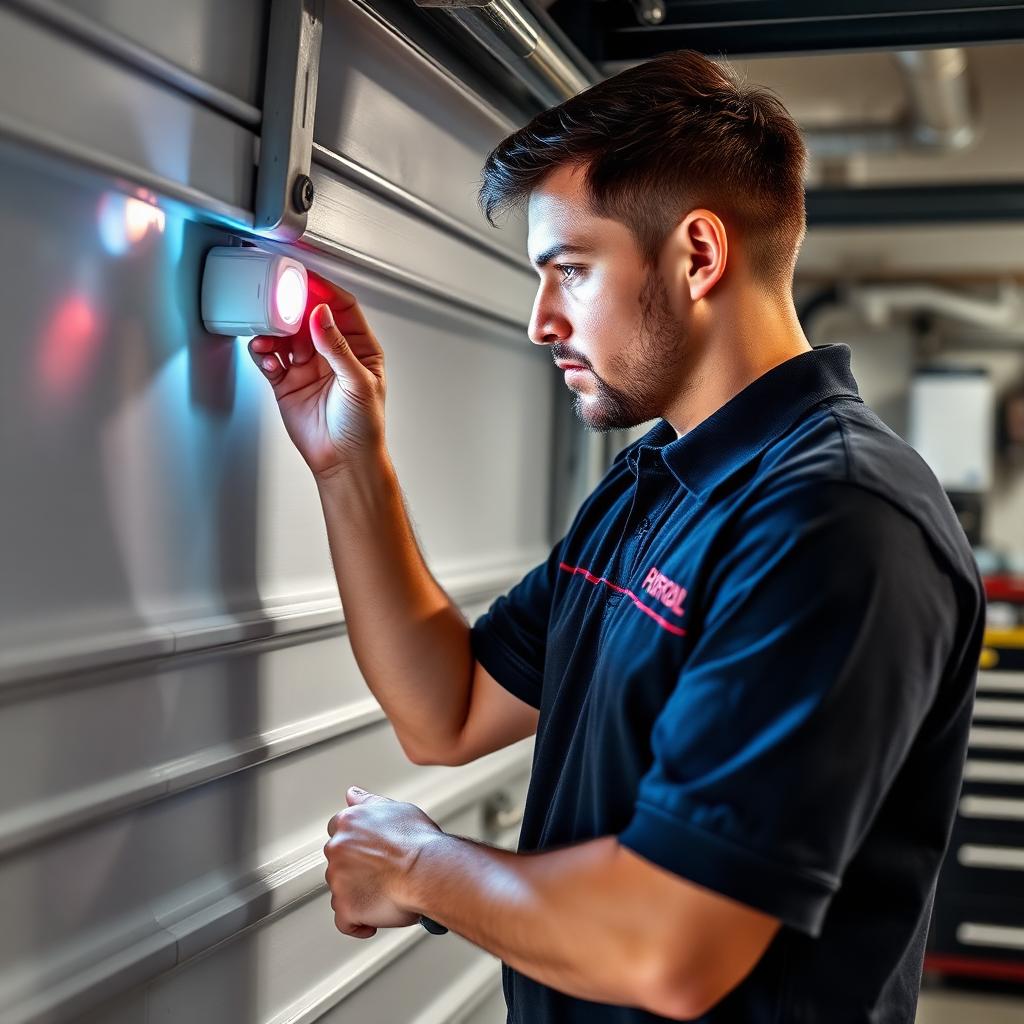 Garage Door Rural Hall technician testing garage door safety features in company polo